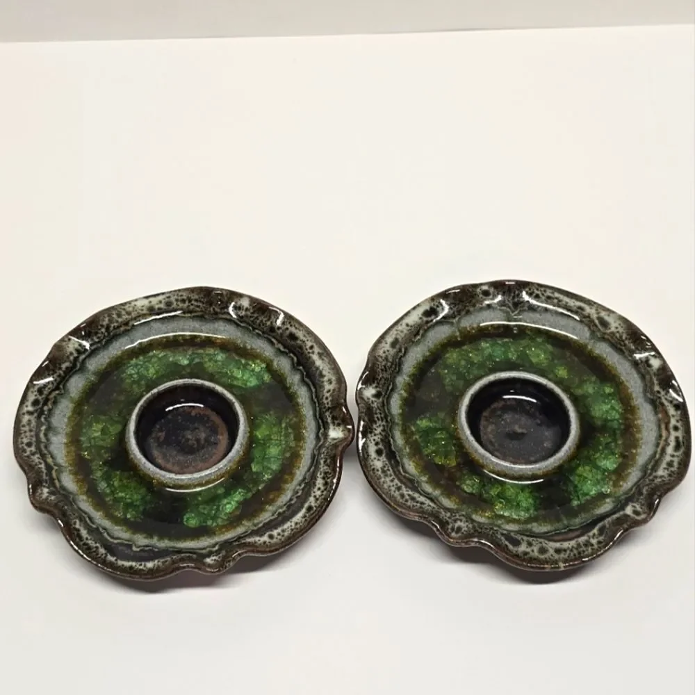 Native American Navajo Stoneware Pottery Crackle Glass Candle Holder Set NEW